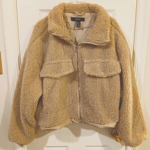 Forever 21 Tan Faux Sherpa Cropped Teddy Zip Up Jacket